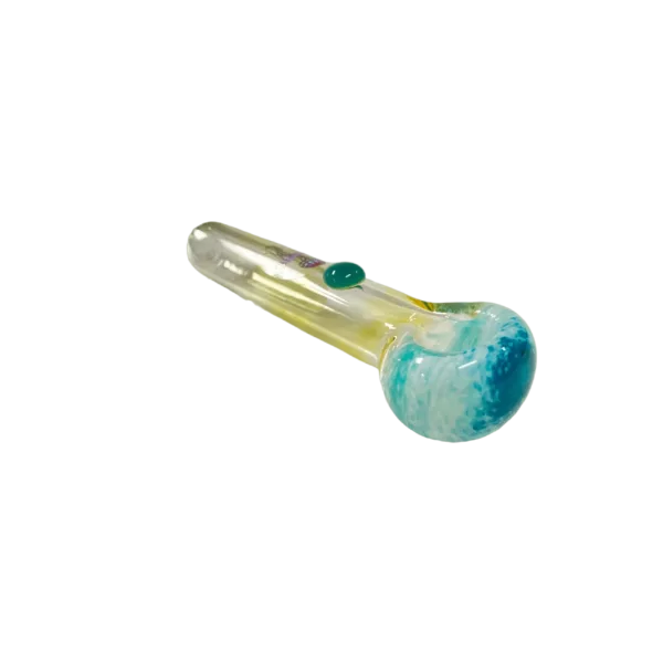 Blue and green swirl glass pipe with clear stem and base. Intricate etched designs on clear glass.