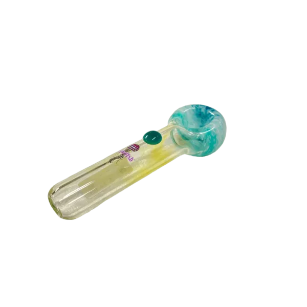 Hand-painted jellyfish glass pipe with blue mouthpiece and clean joint. Clear glass and visually pleasing design.
