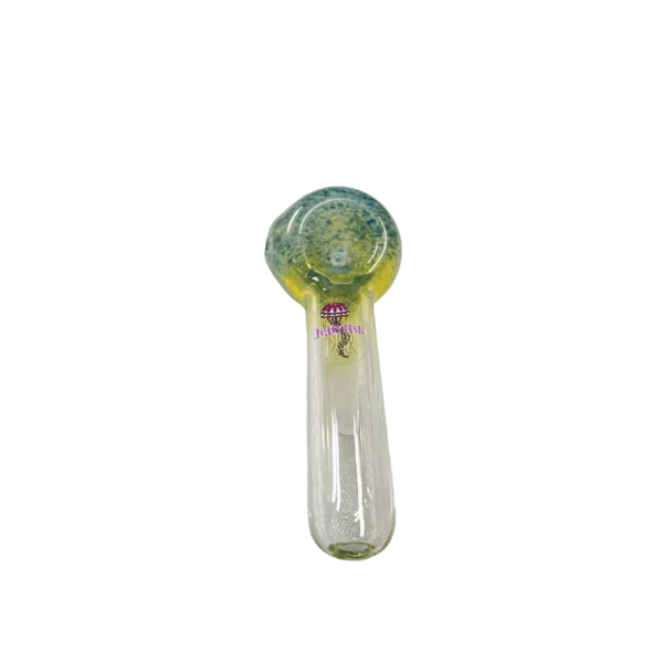 Frit Head - Jellyfish Glass jar features blue and white spiral pattern on the outside, yellow and green spiral pattern on the inside, small round base, tall mouth with silver spiral pattern, and smoke coming out.