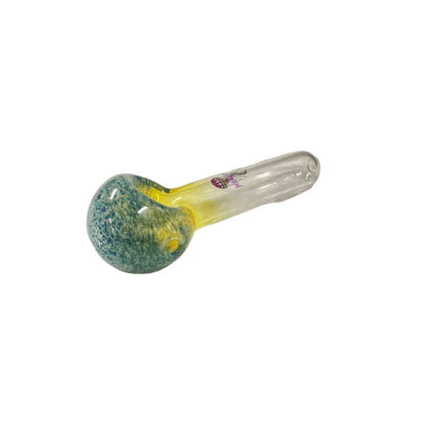 Glass pipe with yellow and blue swirl pattern, small hole at end, clear glass, sits on green background.