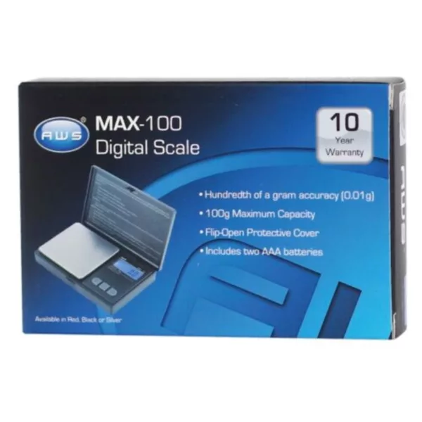 MAX-100 AWS digital scale features a blue display with white numbers, a small black button for on/off functionality, and a white base with black border. It has a maximum weight capacity of 100g.