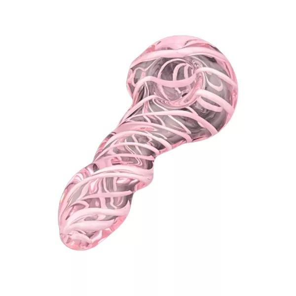Abstract pink twisted shape, possibly made of glass or plastic, could be a sculpture or piece of jewelry.