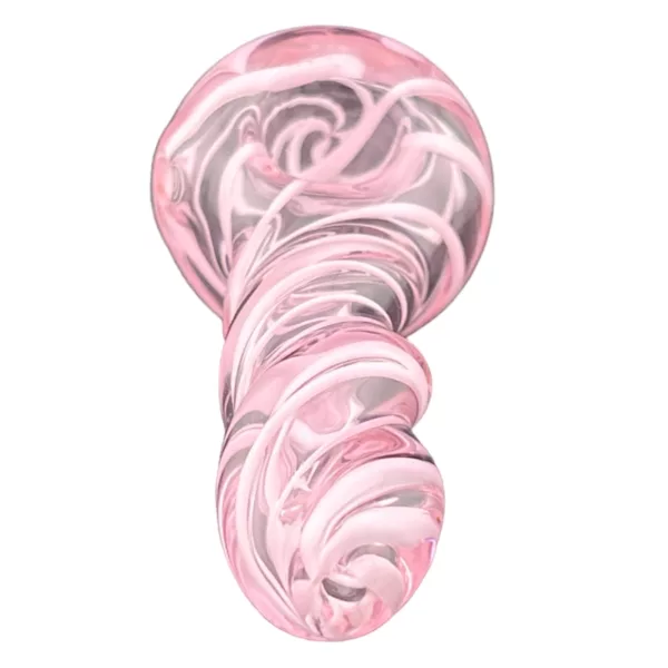 A pink glass sculpture with swirling patterns, made of clear glass with pink swirls throughout. Symmetrical and smooth surface. Close up image.