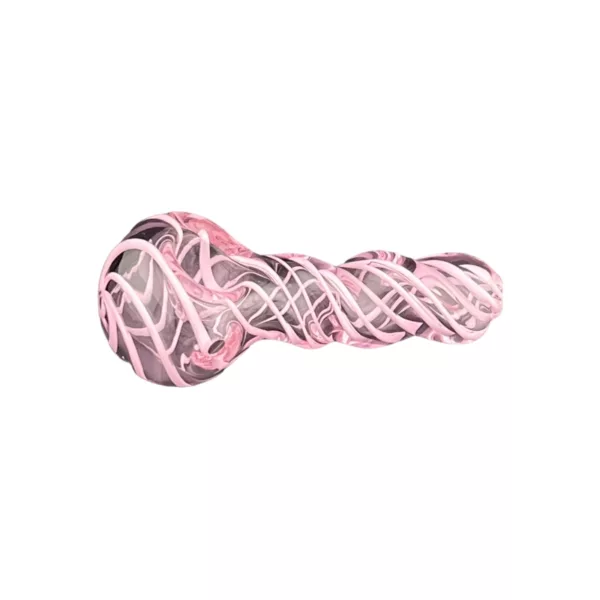 A pink and white swirled glass pipe with a small bowl. Smooth, curved shape. Clear glass. White background.