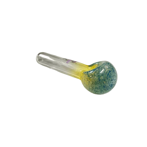 Colorful, swirled glass pipe with clear and yellow sides, small hole in center. Jellyfish Glass design.