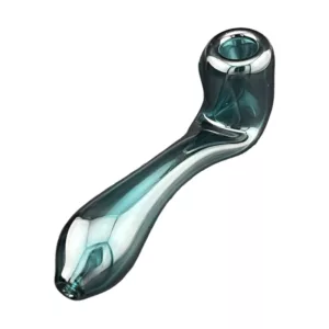 blue glass pipe with a long, curved shape and a small, round base. It has a smooth, glossy surface and appears to be a standalone decorative piece, not in use.