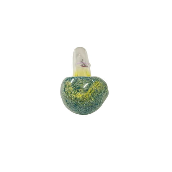 Glass pipe with yellow and green design, small and large holes, transparent and sits on green background.