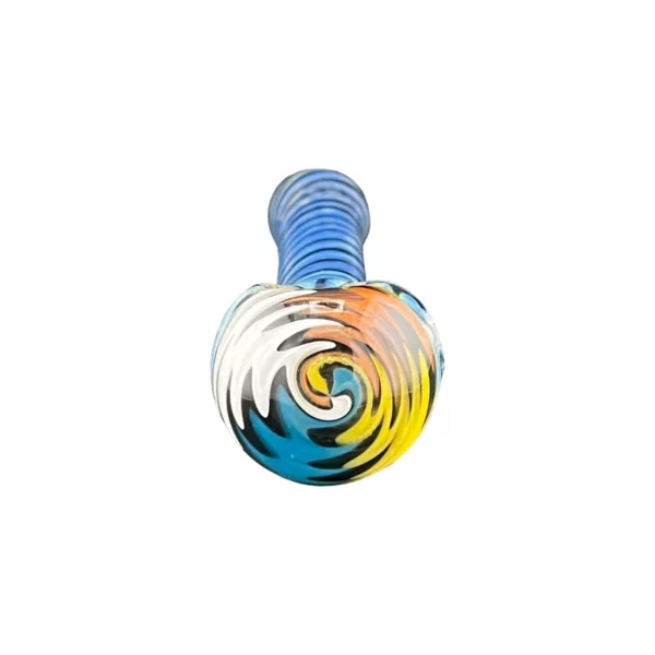 A unique, spiral glass smoking accessory with a blue, red, and yellow color scheme.