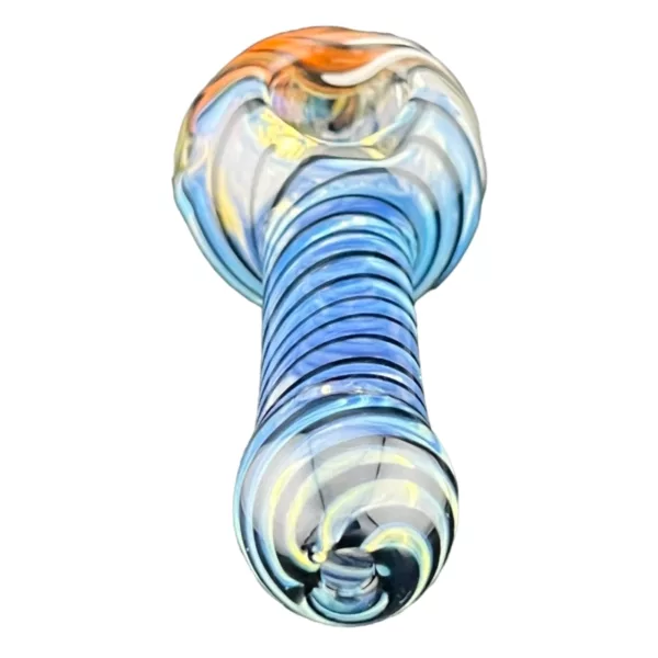 Blue and white glass pipe with spiral design, 3-inch diameter, suitable for smoking.