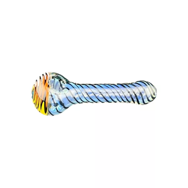 A glass pipe with a blue and yellow striped design, small round base, long curved neck, and small curved mouthpiece. White background.