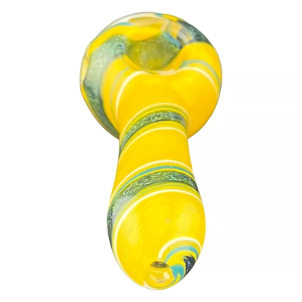 Swirled yellow and green marijuana pipe on white surface.