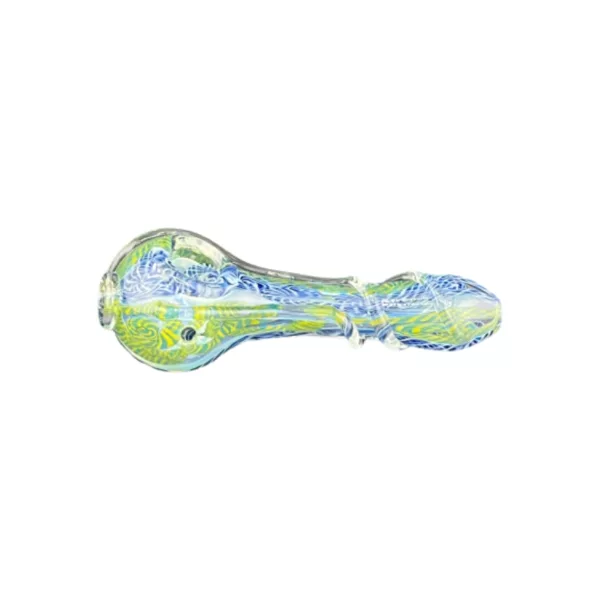 A blue and green glass pipe with a swirling design, small bowl, and hole on the side, sitting on a white background.
