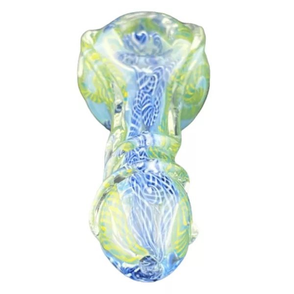 A glass bong with a blue and green swirl design, small curved shape and mouthpiece, and a clear glass stem with a small, curved hole at the top.