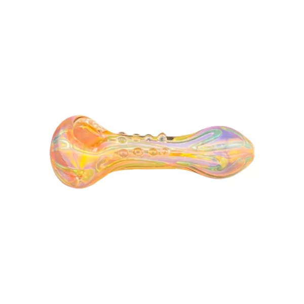 Glass bong with pink/orange swirl pattern, long curved stem, tear drop bowl, small chamber in base.
