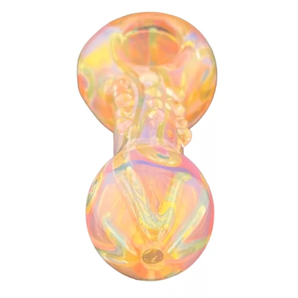 Glass pipe with spiral stem and pink mouthpiece. Holographic appearance with glitter. Deep, rounded bowl. Long, thin stem with flat base. Smooth, comfortable mouthpiece.