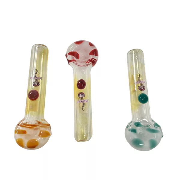 Set of three colorful glass pipes with unique designs. Available at Jellyfish Glass on smoking company website.