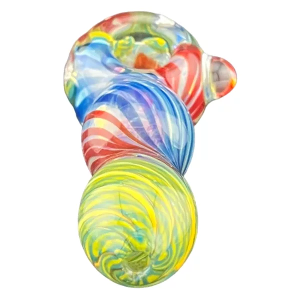 A colorful, spiral glass piece called Oscar The HP - CCWPF333 with blue, green, orange, pink, purple, and yellow hues, hangs from a string on a white background.