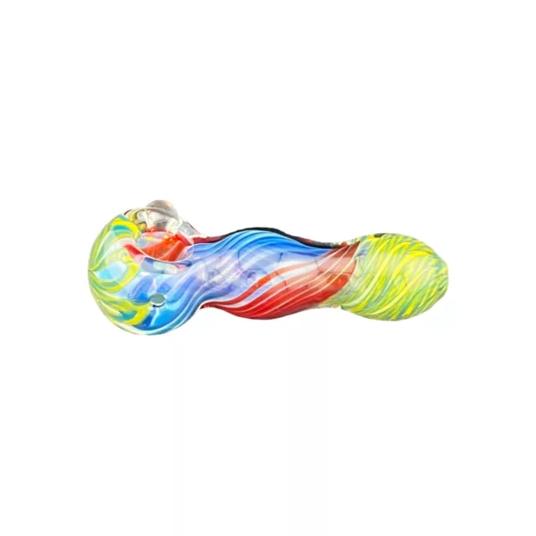 Hand-blown glass water pipe with rainbow swirl design and white bowl. Thin, tapered stem with bulbous end.