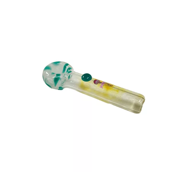 Green and white glass pipe with blue and purple swirls, creating a unique and interesting effect.