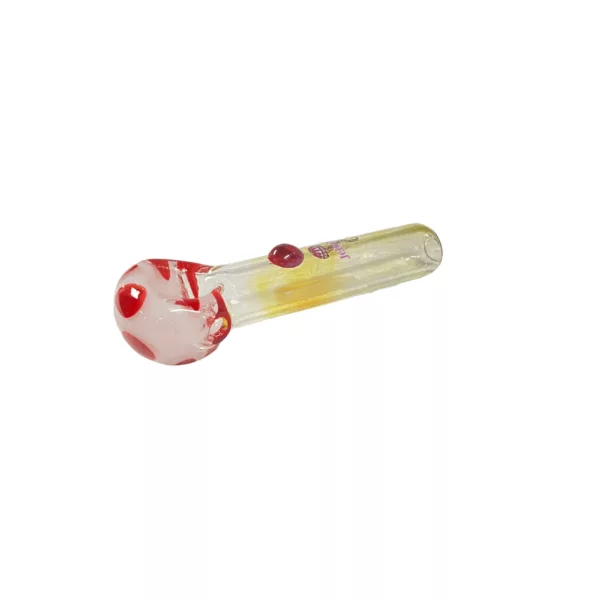 Swirling bubble pattern on clear glass pipe with yellow mouthpiece. Vibrant colors and well-lit.