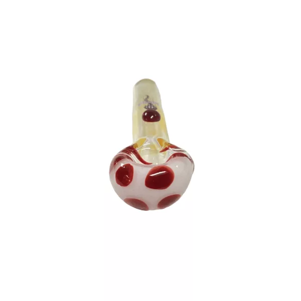 Jellyfish Glass Smoking Pipe with Red and White Polka Dot Pattern and Yellow Sponge Top.