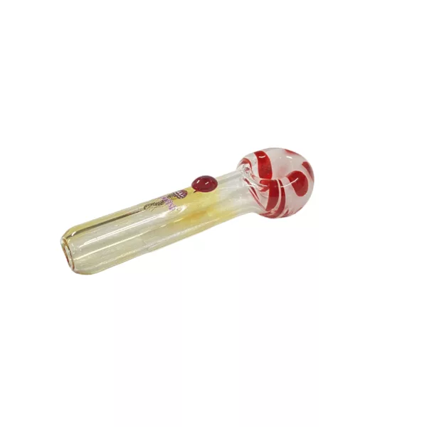A clear glass pipe with a red and white striped design featuring swirling lines and a bubble effect. Cylindrical shape with a small circular base and larger circular mouthpiece. Smooth glass with no visible texture.