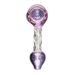 glass pipe with a purple and pink swirl design on the outside. It has a small, round base and a long, curved stem with a small knob at the end. The base has a clear glass ring with a swirl design, and the design is repeated on the stem and base. It is elegant and modern.