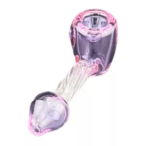Handmade pink glass pipe with twisted design and spout for smoking.