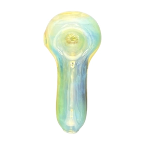 Swirl design glass water pipe with bright yellow, green, and blue accents, small white tip, and tapered shape.
