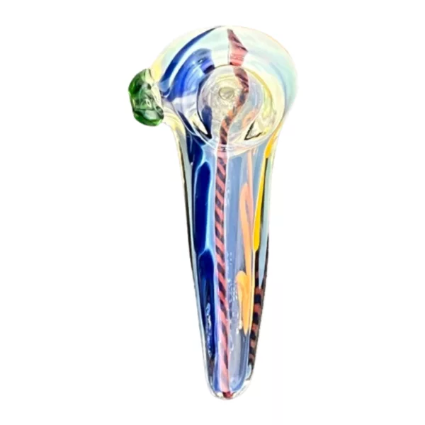 Blue and orange Swirl Lining Cone Glass Pipe with green spiral design on front.