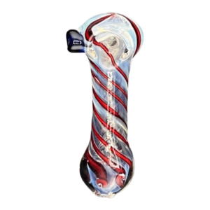 Red, white, and blue swirled glass pipe with metal handle and knob. Tall Colored Spiral Lining Glass Pipe.