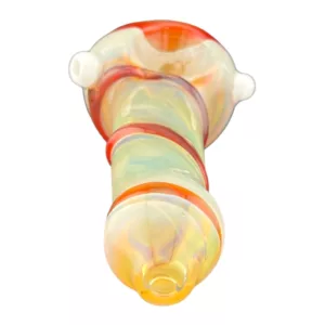 Handcrafted double spiral glass pipe with clear, orange, and yellow swirls. Tapered cylinder shape with silver ring and bead. Displayed on white block.