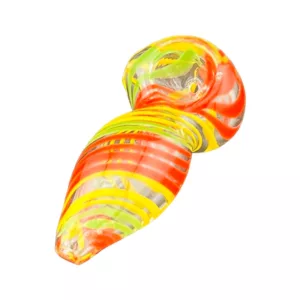 A colorful, swirled glass pipe with a playful and whimsical appearance, made of glass and available in various colors.