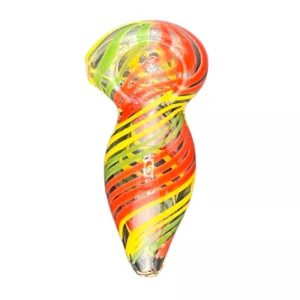 Glass pipe with colorful, swirled design. Long, curved shape. Clear glass. Sleek and modern appearance.