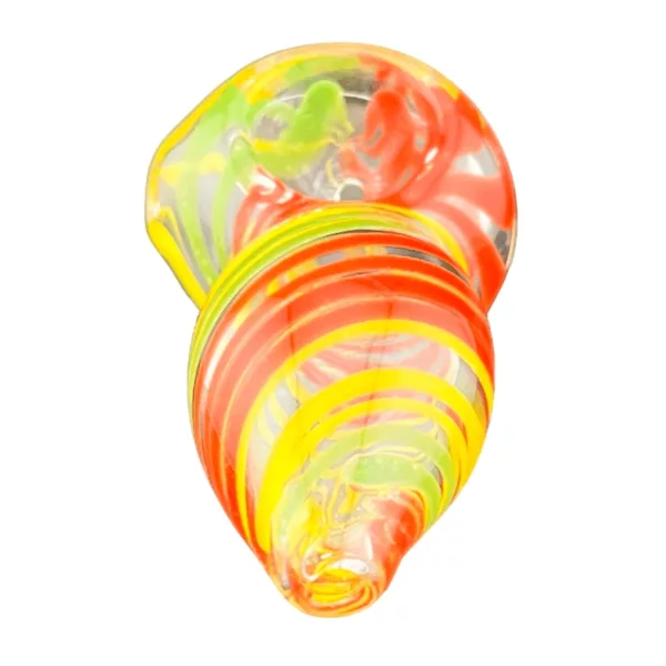 Colorful, swirled glass object with yellow, red, and green hues, appears to be a piece of jewelry or decor.