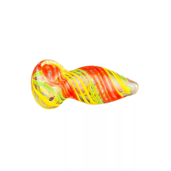 Unique clear glass pipe with a swirled design in red, yellow, and green on a white background.