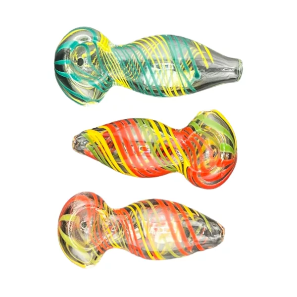 Set of three glass pipes with different colored and striped designs, sitting on white background.
