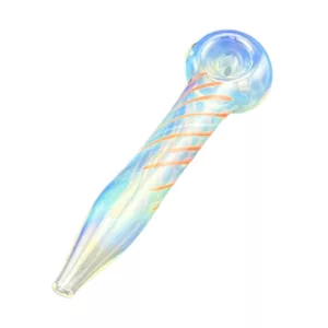Spiral glass pipe with blue and orange design on transparent body, sitting on white background.