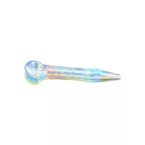 Blue, green, and yellow striped glass pipe with a small mouthpiece and long shaft. Clear base and plastic stem. White background.