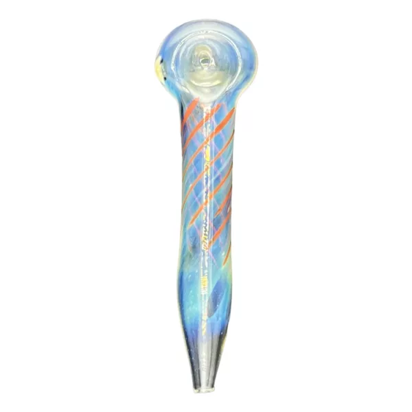 Long, curved glass pipe with blue and red swirl design. Clear glass body and base with small circular holes. Sleek and modern appearance.