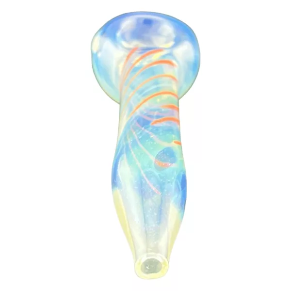 A modern glass pipe with a swirled design in shades of blue, yellow, and orange. Features a small bowl and stem with a clear knob. Eye-catching design.