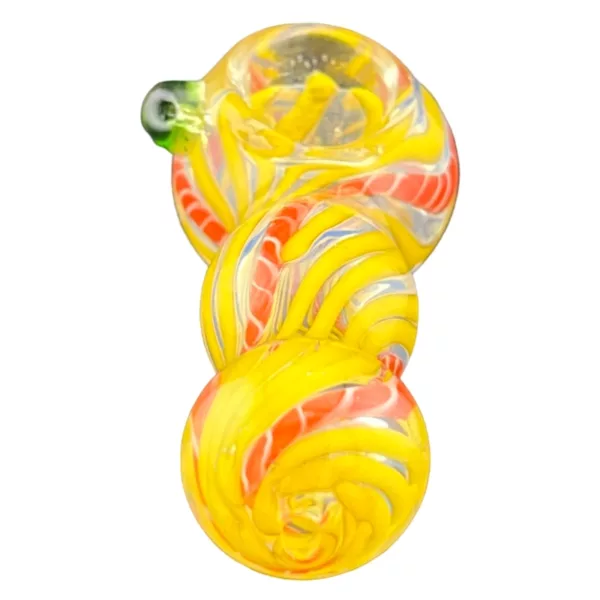 Stuck In The Middle Hand Pipe - VS59, a glass sculpture with a swirled design in yellow, orange, and red, creating a sense of movement and fluidity.