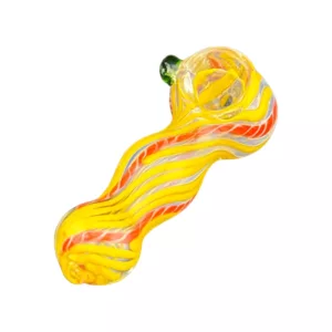 Glass pipe with yellow and red striped design. Small, round base and long, curved stem. Clear glass stem with small, round knob at end. Base has small, round hole surrounded by etched spiral design in yellow, red, and green. White background.