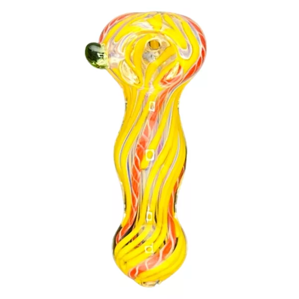 Glass pipe with swirled design in yellow, red, and green. Small, round base and long, curved neck. Clear base and tinted neck. White background.
