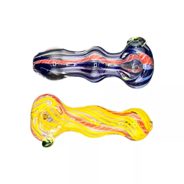 Two glass pipes with colorful designs, made of clear glass and curved in shape, sitting on a white background.