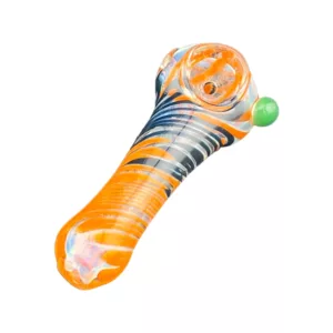 Glass pipe with orange and white stripes, green and blue marble on top, held by metal clamp.