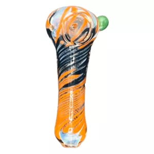 This image shows a Zig Zag Swirls Hand Pipe VS36 with an orange and black swirl design and a small green ball on top. It is sitting on a white background.