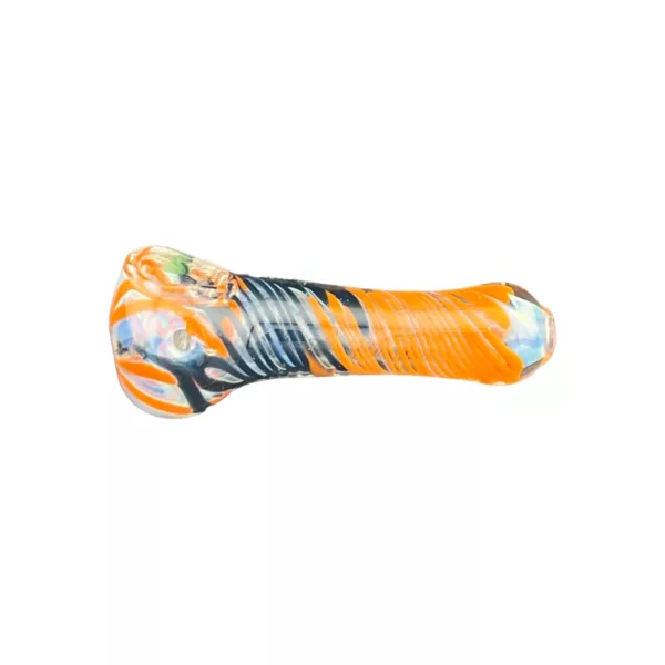 An orange and white striped plastic bicycle handlebar with a curved shape, designed for comfort and durability.