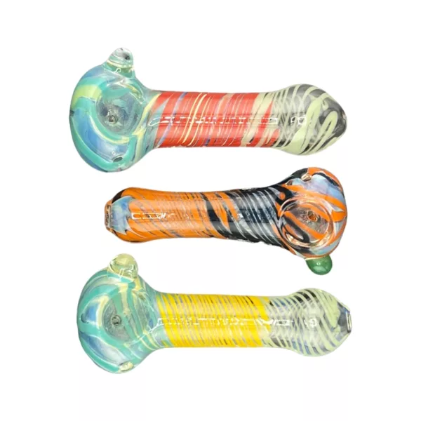 Three glass pipes with vibrant swirl designs in blue/green, yellow/orange, and purple/pink. High quality and curved shape.