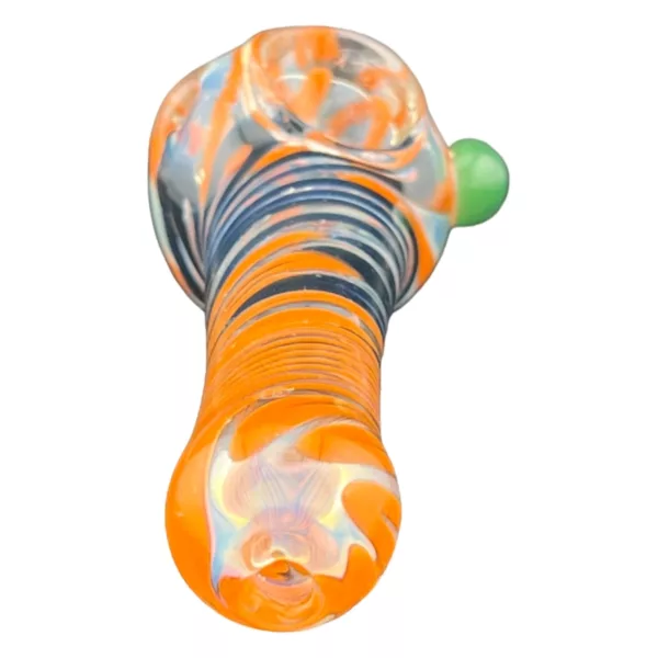 Zig Zag Swirls Hand Pipe - VS36 has an orange and blue swirl design on a white background, with a small green bead on the end.